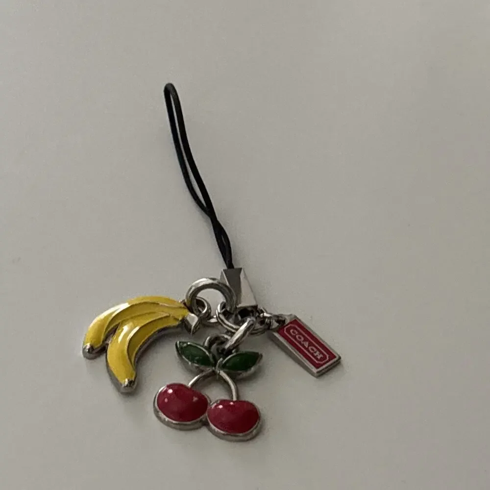 Coach Enamel Cherry & Bananas vintage Y2K phone Charm Silver Tone 3” Long